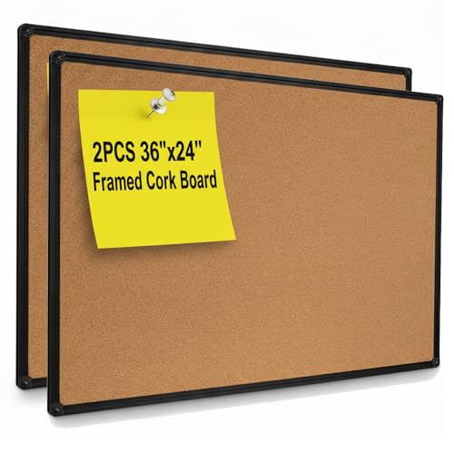 2-Pack Cork Board 36 x 24 Inch, Black Aluminum Frame Bulletin Board for Walls, Large Self-Healing Vision Board for Office, School, and Home, Hanging Notice Board with 10 Push Pins (3x2 Ft) - color: Black, size: 36" x 24" 2 Pack