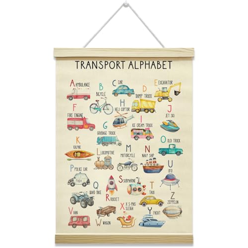 Transport Alphabet Poster Hanger Frame, ABC Posters for Kids, Toddlers Educational Wall Hanging Decor, Canvas Poster with Wood Frame, Home Nursery Preschool Classroom Wall Decor, 12x16 Inches -38 - color: Transport Alphabet