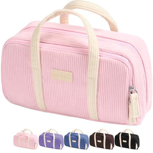 Sooez Large Pencil Case Pouch, Extra Big Pencil Bag with 5 Compartments, Pen Case Wide Opening, Soft Corduroy Pen Bag Organizer with Zipper, Cute Aesthetic School Supplies for Teen Girls, Pink - color: Pink with Beige Handle