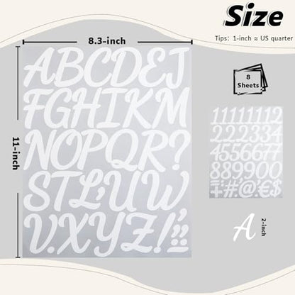 290 Pieces 2 Inch Self Adhesive White Letter Number Stickers | Vinyl Alphabet Waterproof Letters Numbers for Mailbox, Bulletin Board, Poster, Classroom, Scrapbook and Outdoor (8 Sheets) - color: White