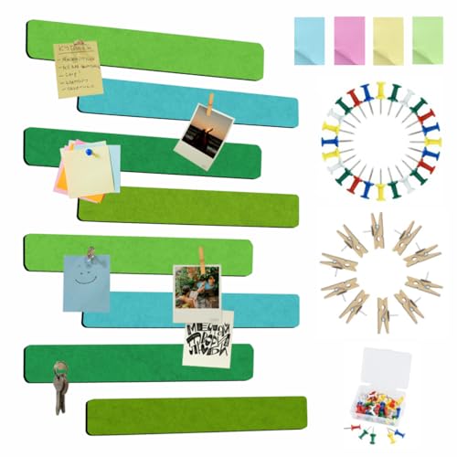Vuzvuv 8 pcs Bulletin Board Bar Strips with 50 Pushpins & 10 Wooden Clip pins，Self Adhesive Cork Board for Wall，Felt Pin Board for School，Office Decor(Multi-Green) - color: Mixed Green