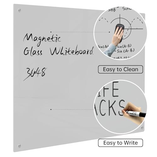 Magnetic Glass Dry Erase Board - White Board 48 x 36 Inch Wall Mounted Glass Whiteboard, Large Frameless Glass White Board for Wall Office, Home & School, Gray - color: Gray, size: 48"W x 36"H