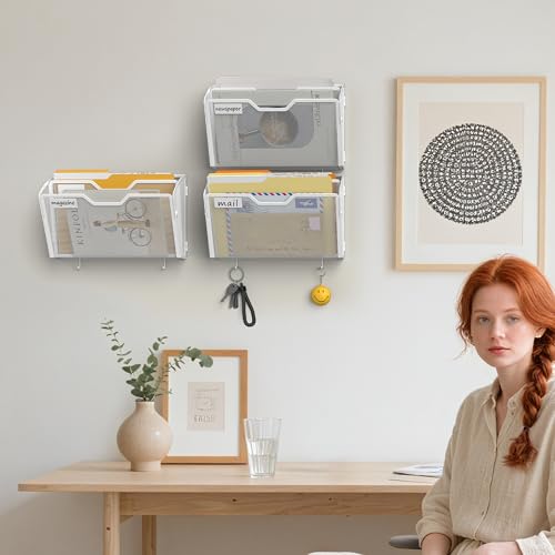 Docnest 2 Tier Mesh Wall File Holders with Hooks – 3 Pack Hanging Letter Holder - Document Organizer for Mail, Paper, Office, Home, School – Space-Saving Wall Mounted Folder Holder – White - color: 2 Tier-White-3 Pack