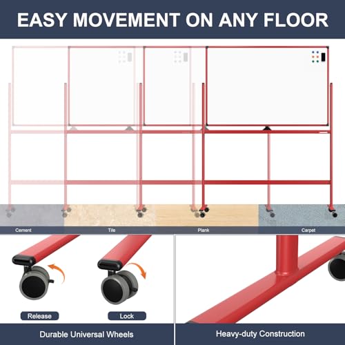 Rolling Whiteboard, 48x32 Inches Dry Erase Board with Stand, Magnetic Mobile Whiteboard on Wheels, Standing White Board for Office, School, Home, Large Double Sided White Board with Paper Pad - color: Red, size: 48"x32"
