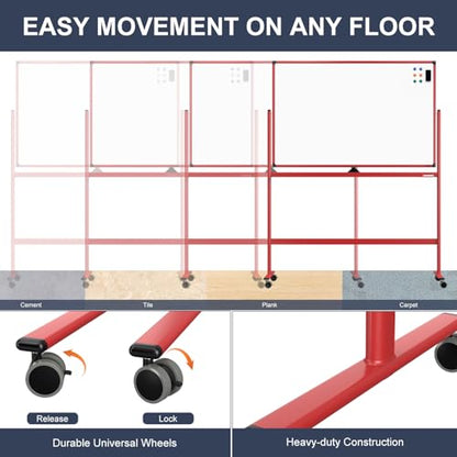 Rolling Whiteboard, 48x32 Inches Dry Erase Board with Stand, Magnetic Mobile Whiteboard on Wheels, Standing White Board for Office, School, Home, Large Double Sided White Board with Paper Pad - color: Red, size: 48"x32"