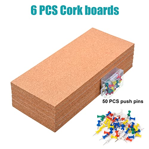 SUNGIFT 17 x 8 Inch Cork Bulletin Board 6 Pack, 1/2" Thick for Office/Home | Frameless Cork Tiles for School, Self-Adhesive Corkboards Wall Decor , 50 PCS Pushpins Included