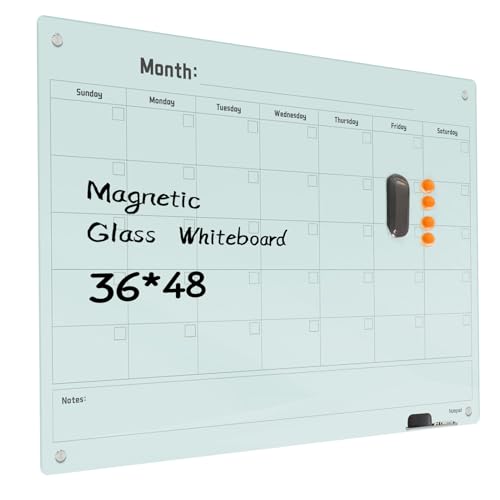 Magnetic Glass Dry Erase Board Calendar- White Board 48 x 36 Inch Wall Mounted Monthly Whiteboard, Large Frameless Glass White Board for Wall Office, Home & School - color: Mothly-c, size: 48"W x 36"H