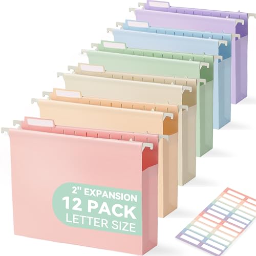 SortRax Plastic Extra Capacity Hanging File Folders, 2" Pastel Expanding Pocket, Heavy Duty for Filing Cabinet, Insertable 1/5-Cut Tabs, Letter Size - 12 Pack - color: Pastel