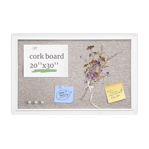 VUSIGN Linen Bulletin Board, 30'' x 20'' Large White Cork Board Decorations, Wall Mounted White Framed Cork Boards, Fabric Pin Boards for Walls with 10 Pushpins for Home, School, Office
