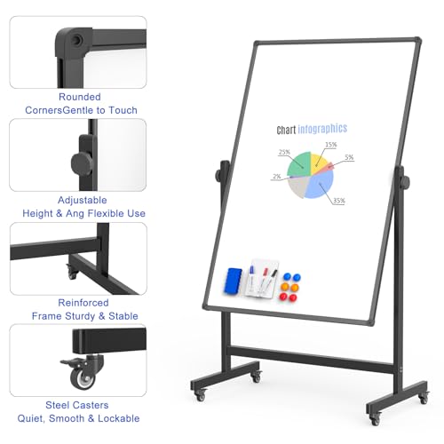 Rolling Whiteboard on Wheels, Double-Sided Magnetic Dry Erase Board with Stand, Mobile White Board for Office, Classroom, Home (28" x 40") - color: Black, size: 28"W x 40"H