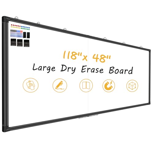 118"X48" Large Magnetic Whiteboard - Dry Erase Board, 10x4 Feet, Foldable Design, Non-Reflective Coated Surface Ultra-Wide Office White Board, Black Frame for Media Centers - color: Black, size: 118"X48"