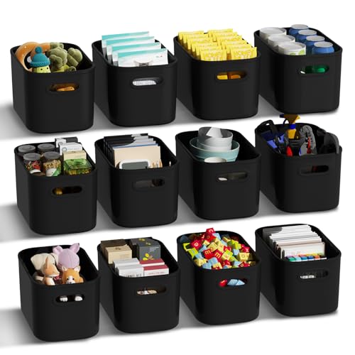 ORGIDOL 12 Pack Black Plastic Storage Bins, Storage Container for Organizing, Storage Boxes with Handle for Shelves, Cute Organizer Bins for Craft, Snacks, Pantry, Cabinet, 8.7x6.7x5.66inch - color: Black, size: 12Pack