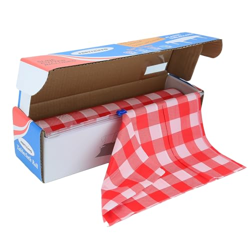 Plastic Tablecloth Roll – 54" x 100' Plastic Tablecloths for Parties Disposable with Cutter Box - Cut to Size Disposable Tablecloth for Rectangle & Round (Gingham-Red) - color: Gingham-red