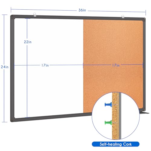 Magnetic White Board and Cork Board Combo, 36 X 24 inches Whiteboard Bulletin Combination Board, Wall Mounted Dry Erase Message Board for Home, School and Office, Black - size: 36 x 24 inch Black