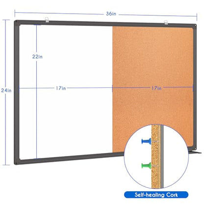 Magnetic White Board and Cork Board Combo, 36 X 24 inches Whiteboard Bulletin Combination Board, Wall Mounted Dry Erase Message Board for Home, School and Office, Black - size: 36 x 24 inch Black