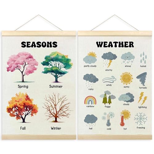 TLESKE 4 Seasons Weather Chart Poster Hanger Frame for Toddler Kid Classroom Set of 2, Homeschool Hanging Wall Art Decor for Nursery Playroom, Preschool Prek Learning Educational Poster, 12x16 - color: 2pcs: seasons & weather, size: 16"L x 12"W