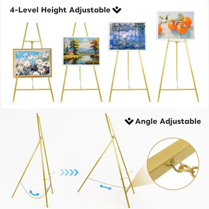 4-Tier Gold Easel Stand for Sign, 2 PACK Large Adjustable Height Display Easel for Wedding Sign, Party, Posters, Commercial Display, Heavy Duty Metal Painting Art Easel Exhibit Stand