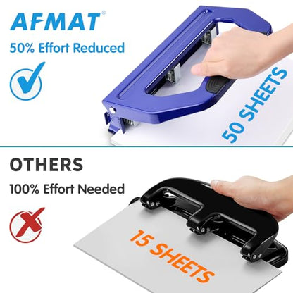 AFMAT 3 Hole Punch Heavy Duty, 9/32" Holes, 50-Sheet Hole Puncher 3 Ring, 50% Reduced Effort, Adjustable Two & Three Hole Punch, Metal Paper Puncher w/Large Chip Tray, Metal Paper Guide, Blue, HP18 - color: Blue
