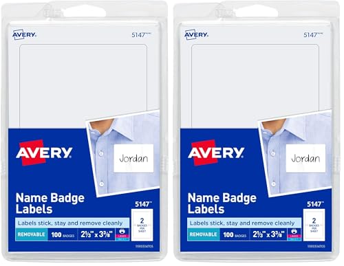 Avery Customizable Name Tags,2-1/3" x 3-3/8",White,100 Removable Name Badges (05147),(Pack of 2) - size: 2-1/3 in. X 3-3/8 in. (Pack of 2), style: 100 name tags