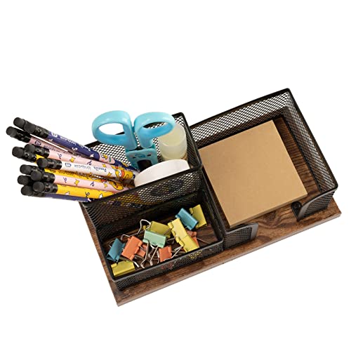 Antique Wood & Mesh Pen Holder Office Supplies Caddy, Storage Baskets for Desktop Accessorieswith Sticky Notes Holder,3 Compartments(2 Pack Black)
