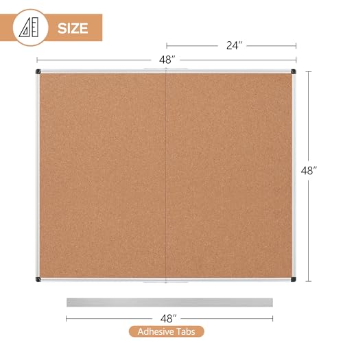 Extra Large Cork Bulletin Board 48" X 48", Foldable Notice Pin Board for Wall, Silver Aluminum Framed 4'x4' Corkboard, Wall Mounted Noticeboard with 36 Push Pins for School, Home & Office - size: 48" x 48"