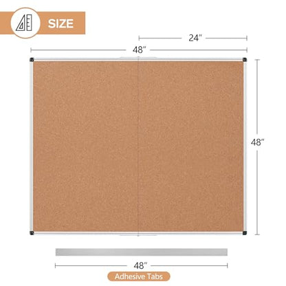 Extra Large Cork Bulletin Board 48" X 48", Foldable Notice Pin Board for Wall, Silver Aluminum Framed 4'x4' Corkboard, Wall Mounted Noticeboard with 36 Push Pins for School, Home & Office - size: 48" x 48"