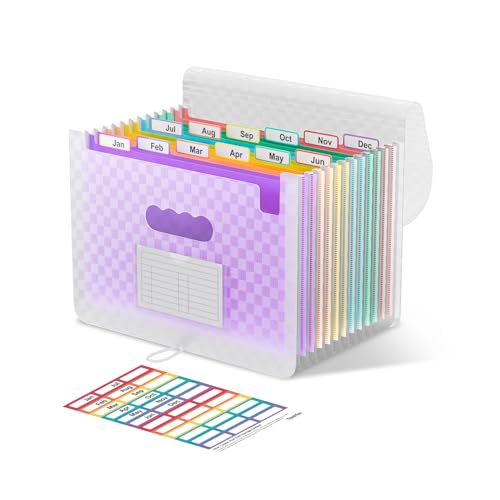 ThinkTex Accordion File Organizer, 12 - Pocket Expanding File Folders for Paper Receipts, Bills & Taxes Organizer, Letter/A4 Size Document Holder for School, Office, Home with tabs-Purple - color: Purple