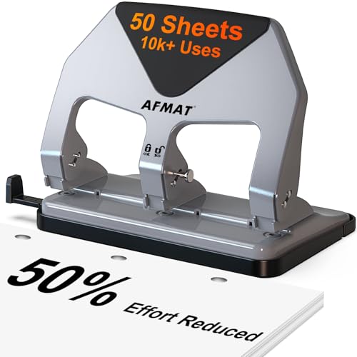 AFMAT 3 Hole Punch Heavy Duty, 50-Sheet Three Hole Punch, 50% Reduced Effort, 10,000+ Uses, 9/32" Holes, S.S. Paper Guide, 3 Hole Puncher for Binder, Metal Hole Puncher for Home Office School HP20 - color: Gray