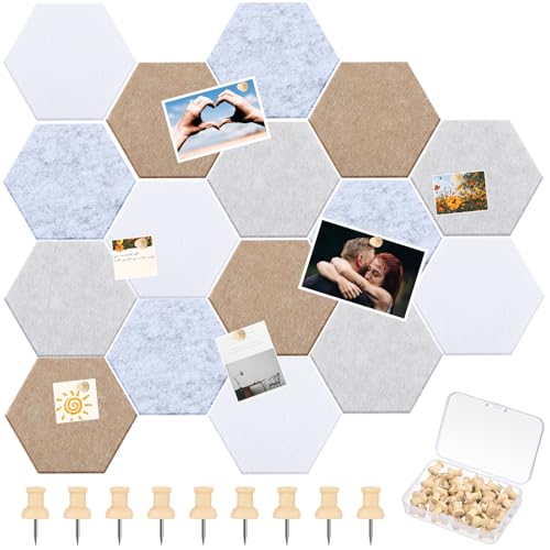 Mindsoft 6.7 x 5.9 in 16 Pcs Hexagon Cork Board Tiles with 50 Wooden Push Pins, Cork Boards for Wall, Felt DIY Tiles with Nano Tape, Pin Board for Office Classroom Home Photo Memo Note (Light Camel) - color: Light Camel, size: 6.7 x 5.9 in