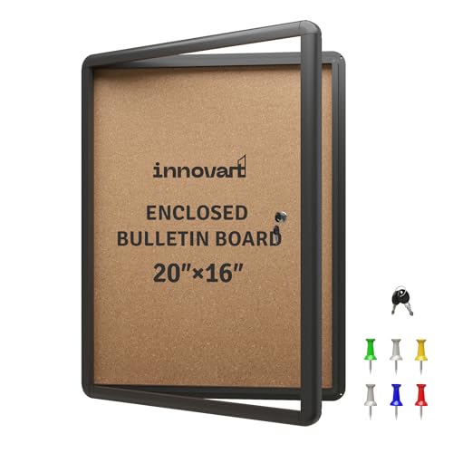 INNOVART 20”x16” Enclosed Bulletin Board, Weatherproof Enclosed Cork Board with Swing-Open Locking Door, Black Aluminum Frame Wall Mounted Display Case for Home, School, Office, Commercial - color: Black Frame Cork, size: 20"x16"