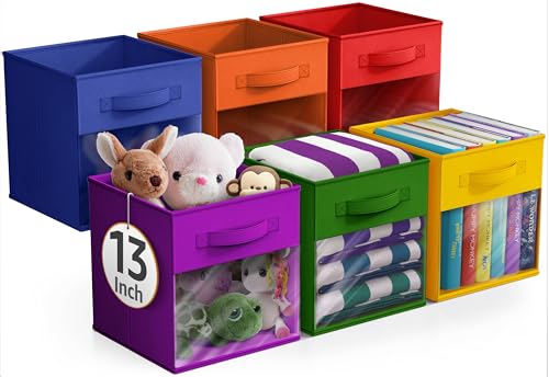 Sorbus 13 Inch Storage Bins with Clear Window - 6 Foldable Baskets for Organizing Clothes, Toys, Books - Sturdy Collapsible Fabric Storage Cubes with Handle - Storage Baskets for Shelves, Closets - color: Deep Rainbow with Window, size: 13 Inch