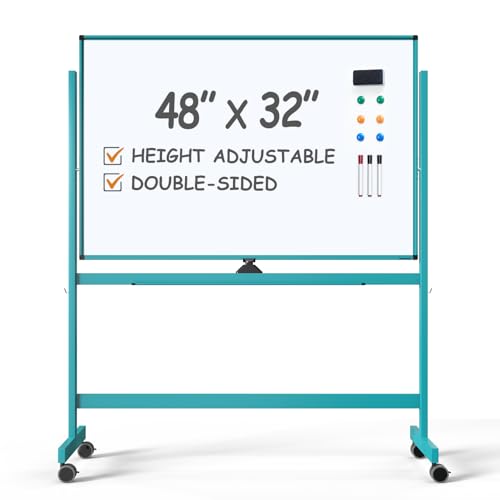 TSJ OFFICE Large Rolling Whiteboard - Dry Erase Magnetic 48 x 32 Inches White Board Height Adjust Double Sides Mobile Portable Easel on Wheels, Dry Erase Board with Stand for Office, Home & Classroom - color: Blue
