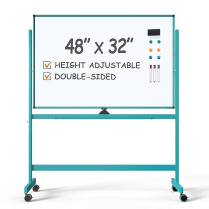 TSJ OFFICE Large Rolling Whiteboard - Dry Erase Magnetic 48 x 32 Inches White Board Height Adjust Double Sides Mobile Portable Easel on Wheels, Dry Erase Board with Stand for Office, Home & Classroom - color: Blue