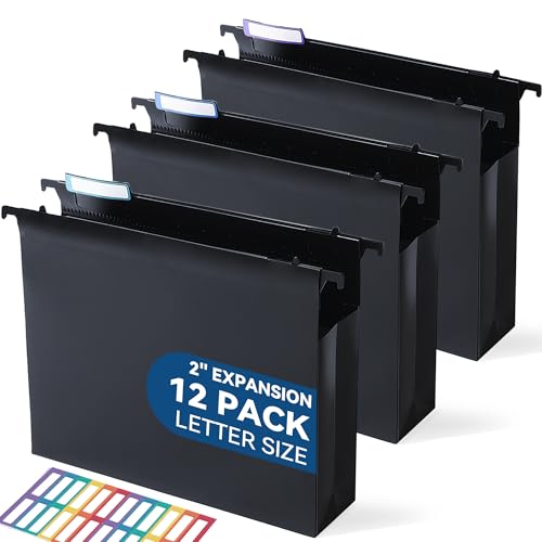 SortRax Plastic Extra Capacity Hanging File Folders, 2" Expanding Pocket, Heavy Duty for Filing Cabinet, Insertable 1/5-Cut Tabs, Letter Size - 12 Pack - color: Black