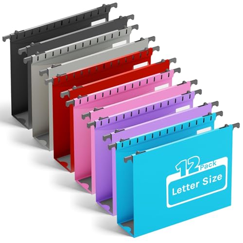 Ansook Extra Capacity Plastic Hanging File Folder Letter Size,Heavy Duty 2" Expansion Hanging Folder with Tabs,12 Pack Reinforced Hanging File Organizer,Filing Cabinet Folders for Office Bulk Files - color: Assorted Color