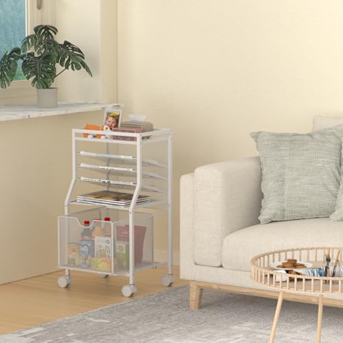 BOHDK Rolling File Cart, 6-Tier Desk File Organizer on Lockable Wheels, White Wood Planks & Mesh Sliding Hanging Folder Drawer, Organization Cart for Office Home School - color: White