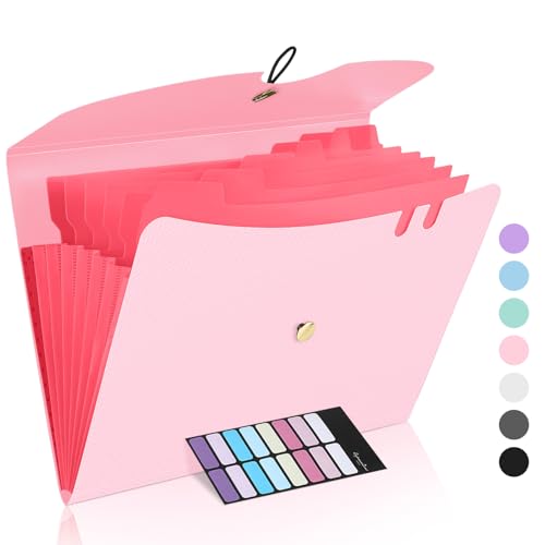 Sooez 7 Pocket Accordion File Organizer, Premium Expanding File Folder, Letter Size Folders for Documents, Sleek Filing Folders with Bungee Closure, Portable Folders for School Office Supplies, Pink - color: Pink