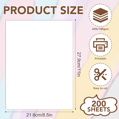Prudiut 200 Sheets White Cardstock 8.5 x 11, 65lb/180gsm Cardstock Paper Printer Paper for Invitations, DIY Cards, Crafting, Menus, Construction, Art, School & Office Use
