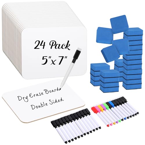 Affrolling 24 Sets Small Whiteboard Dry Erase Boards 5" x7'' Mini Double Sided Dry Erase Lap Boards with Markers Erasers Pen Holders Personal Whiteboards for Students Classroom Teacher