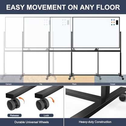 Rolling Whiteboard, 48 x 32 Inches Magnetic White Board with Stand, Double-Sided Large Standing Dry Erase Board on Wheels, Height-Adjustable Mobile Dry Erase Board for Office, Home, Classroom - color: Black - Upgraded, size: 48"x32"