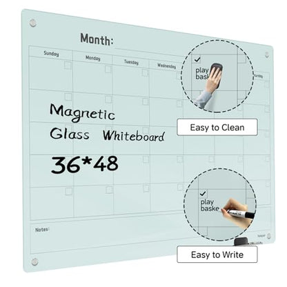 Magnetic Glass Dry Erase Board Calendar- White Board 48 x 36 Inch Wall Mounted Monthly Whiteboard, Large Frameless Glass White Board for Wall Office, Home & School - color: Mothly-c, size: 48"W x 36"H