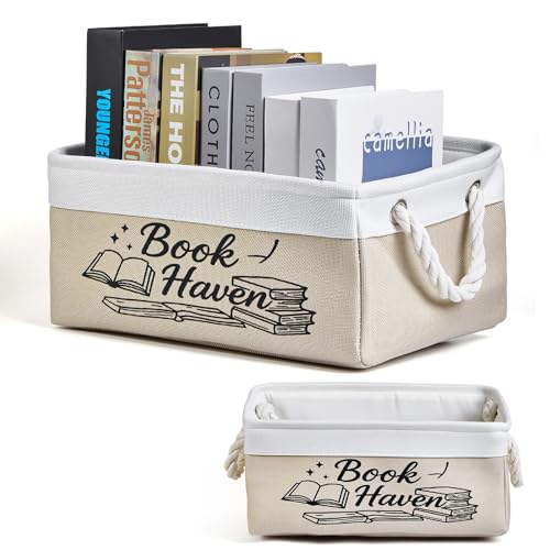 serinar Book Storage Basket for Book Lovers, Reading List Organizer Bin, Bookworm Gift, Book Accessories for Students, Teachers, and Book Club Members - color: khaki
