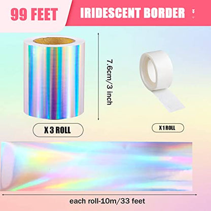 99 Feet Iridescent Bulletin Board Borders Holographic Straight Rolled Border Trim Classroom Decorations for Iridescent Birthday Wedding Back to School Party Decorations Supplies,3 Rolls - style: Iridescent