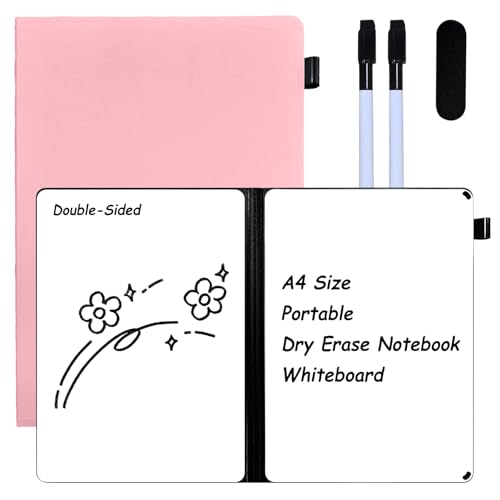 Portable Dry Erase Notebook Double Sided Folding Whiteboards with Pen and Erase, Small Dry Erase Board for Study, Meeting, Planning 12"x9" (A4), Anti-Ghosting (Pink) - color: Pink