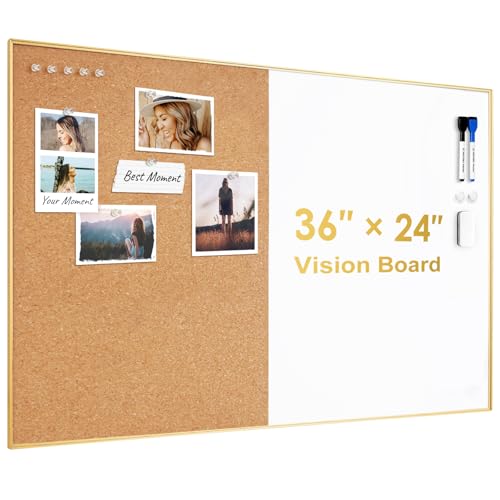 ARCOBIS Cork Board White Board Combo, 36 x 24 Inch Bulletin Board-Gold Frame, Magnetic Dry Erase Board & Corkboard for Wall, Vision Board for Home, Office, School - color: Gold, size: 36 x 24 Inch