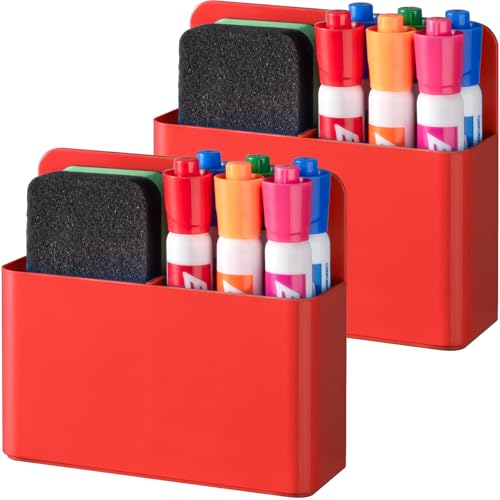 BEYGORM 2 Pack Plastic Magnetic Pen Holder for Refrigerator, Dry Erase Marker Holder for Whiteboard，Magnet School Locker Organizer Accessories, Pencil Cup, Pen Caddy, Classroom Organization(Red) - color: Red