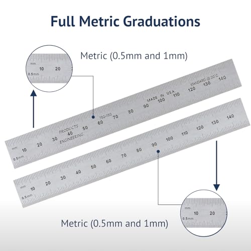 PEC Tools 150mm High Contrast Metal Ruler, Stainless Steel with Black Chrome Finish, Fully Metric Graduation (0.5mm, 1.0mm), Easy to Read Machinist Rule, Made in USA - color: Carbon Steel-Rigid, size: 150mm