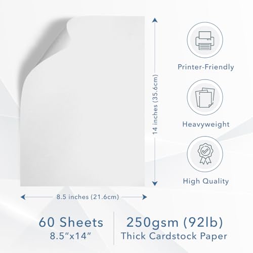 MOS White Legal Cardstock Paper 8.5 x 14 Inch (60 Sheets) — Heavyweight 250 GSM Cover Stock for Certificates, Menus, Legal Documents, Crafts, Printer Compatible - color: White, size: 8.5" x 14"