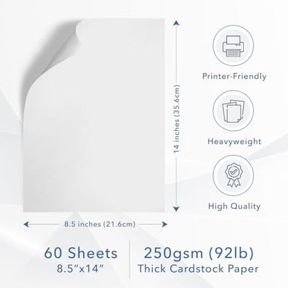 MOS White Legal Cardstock Paper 8.5 x 14 Inch (60 Sheets) — Heavyweight 250 GSM Cover Stock for Certificates, Menus, Legal Documents, Crafts, Printer Compatible - color: White, size: 8.5" x 14"