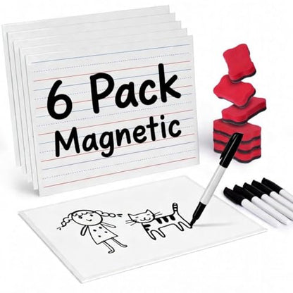 GAMENOTE 6 Pack Magnetic Dry Erase Lap Boards for Kids, 9x12 Double-Sided Lined and Blank Whiteboards with Markers & Erasers, Small Classroom and Homeschool Writing Board